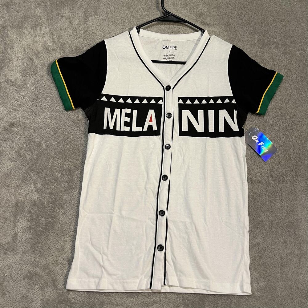 On Fire Shirt Womens Small White Black Melanin Baseball Jersey Button Front